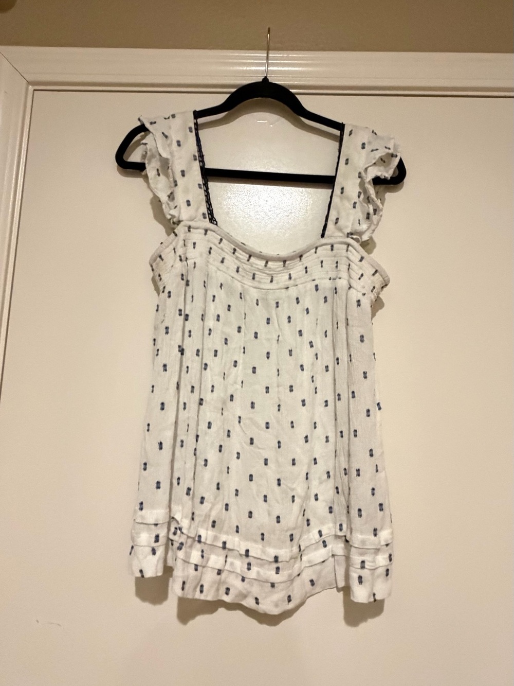 Maurices White Tank Top with Navy Dot Detail and Ruffle Straps
